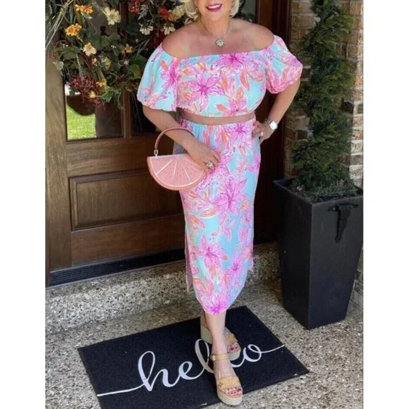 NWT Lilly Pulitzer Esmeray Midi 2PC Set Puff Sleeve Surf Blue Bonita Blooms Sz L - Picture 2 of 16